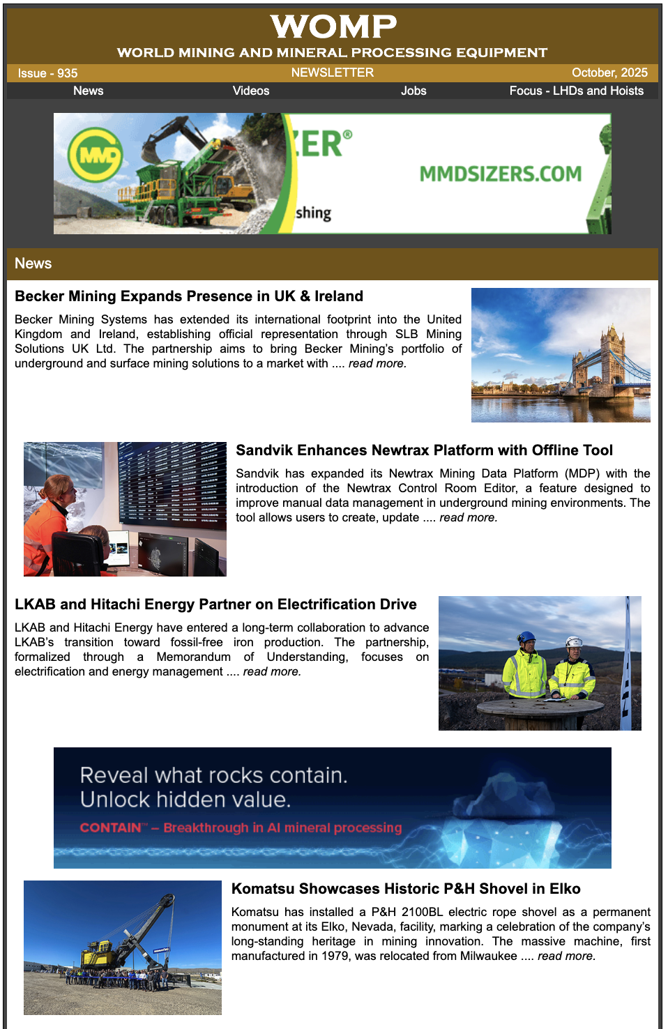 Newsletter Cover - Current World Mining Equipment Edition